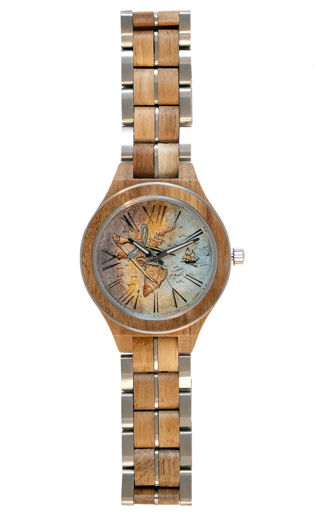 Men s watch in exotic wood COMPASS AND WORLD MAP