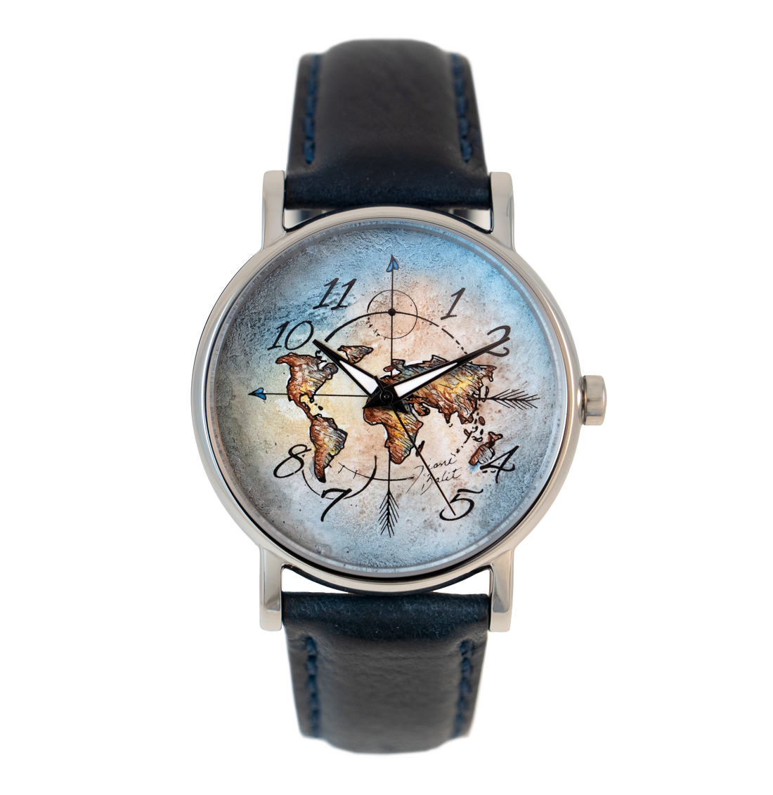 Montre pour homme acier et cuir | MAPPEMONDE ET FLÈCHES