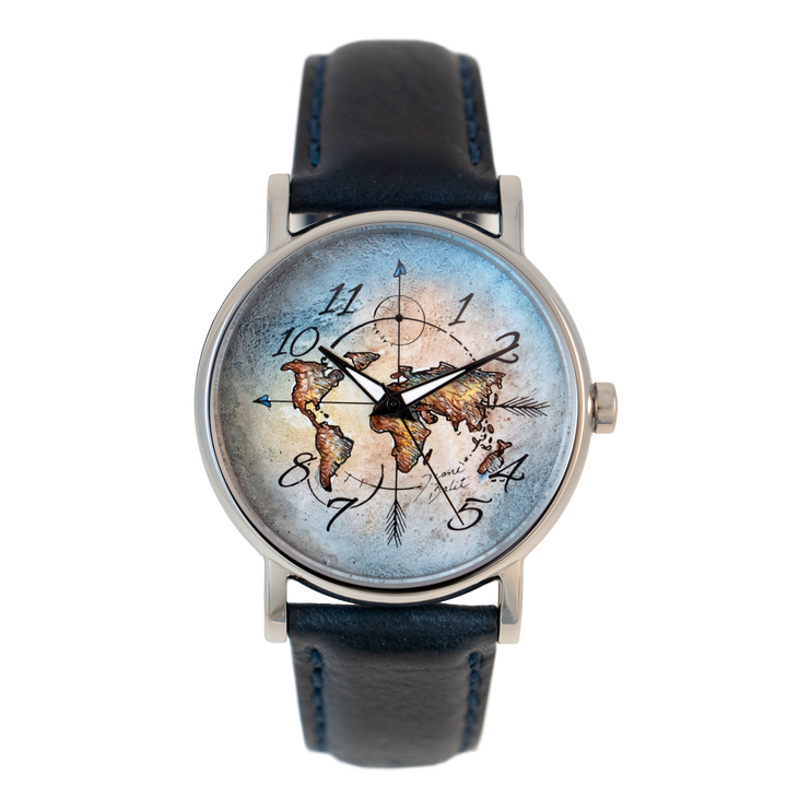 Montre pour homme acier et cuir | MAPPEMONDE ET FLÈCHES