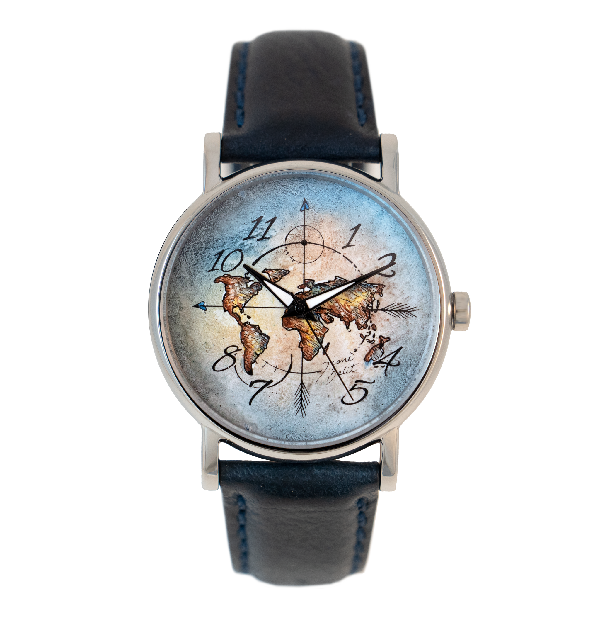 Steel and leather men's watch WORLD MAP AND ARROWS