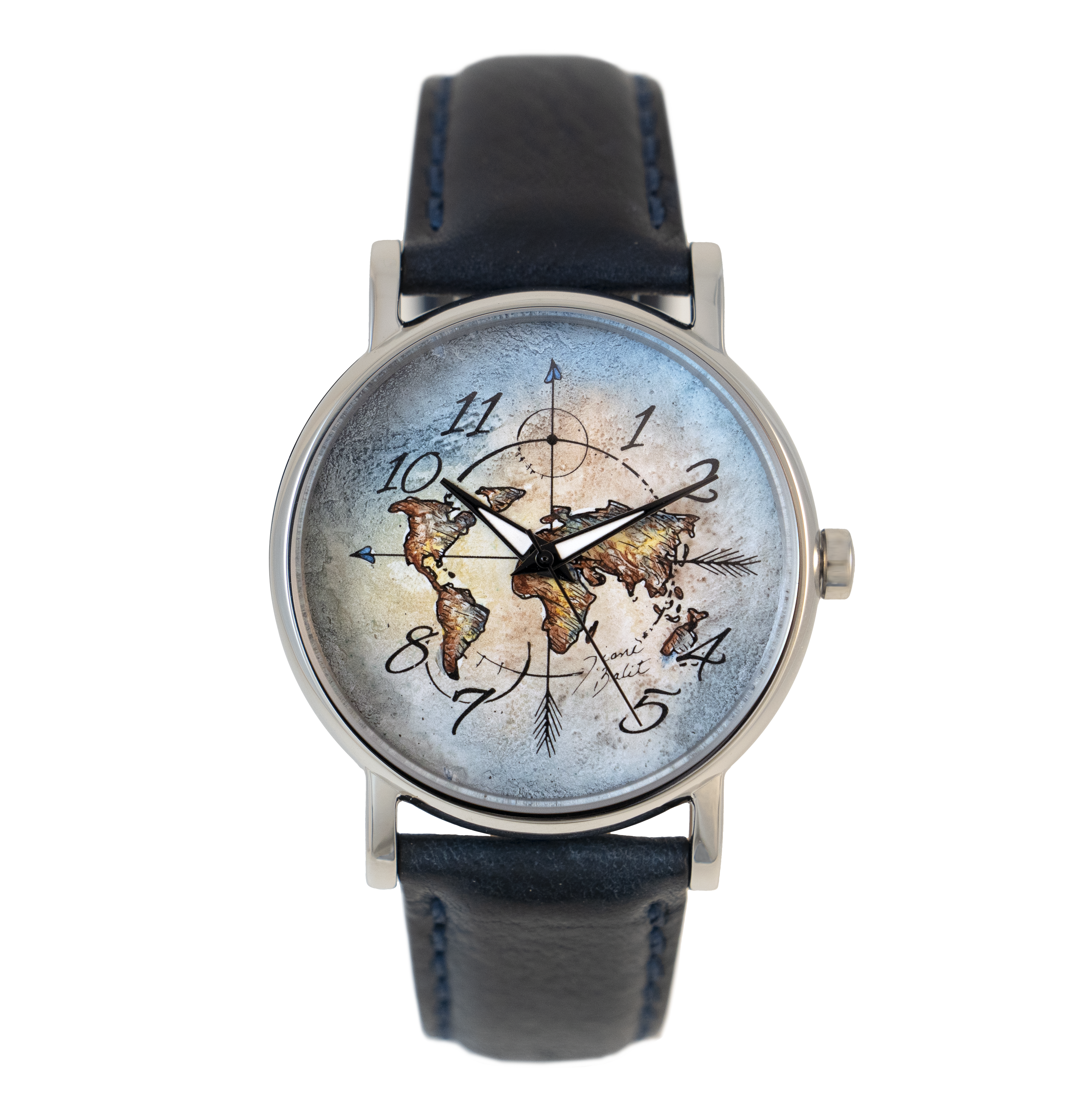 Steel and leather men's watch WORLD MAP AND ARROWS