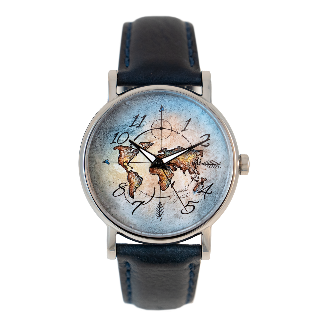 Steel and leather men's watch | WORLD MAP AND ARROWS