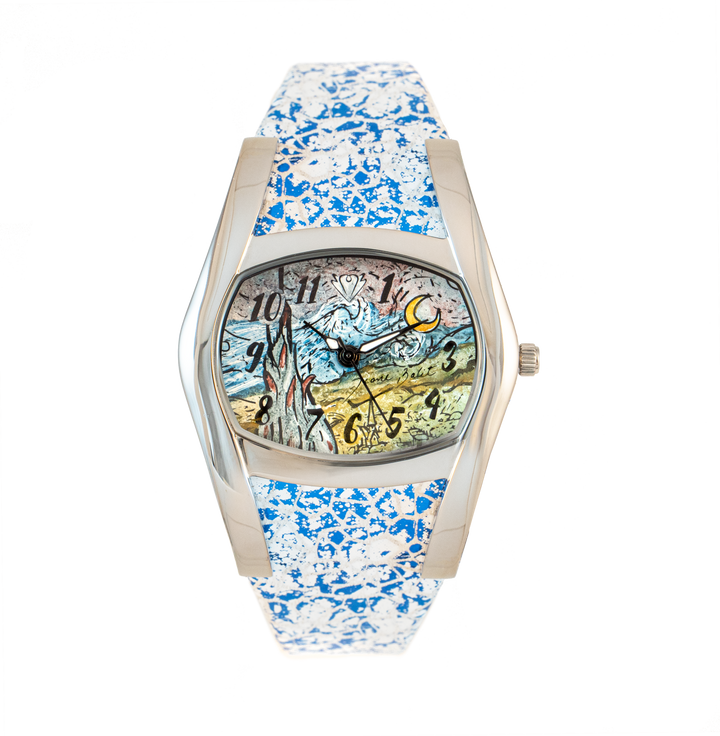 MONTRE SANDWICH BOITIER STAILESS STEEL BRACELET  DE CUIR COULEUR BLEU ACIER PEINTURE LA NUIT ÉTOILÉE DE VAN GOGH