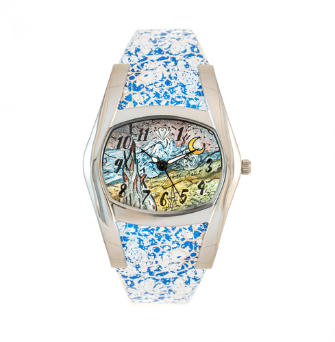 MONTRE SANDWICH BOITIER STAILESS STEEL BRACELET  DE CUIR COULEUR BLEU ACIER PEINTURE LA NUIT ÉTOILÉE DE VAN GOGH