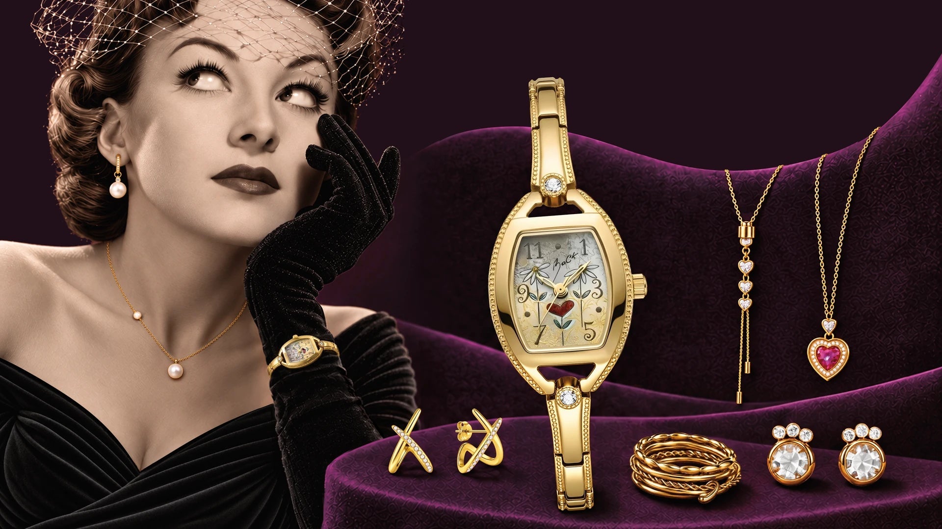 Femme rétro portant les montres et bijoux Diane Balit